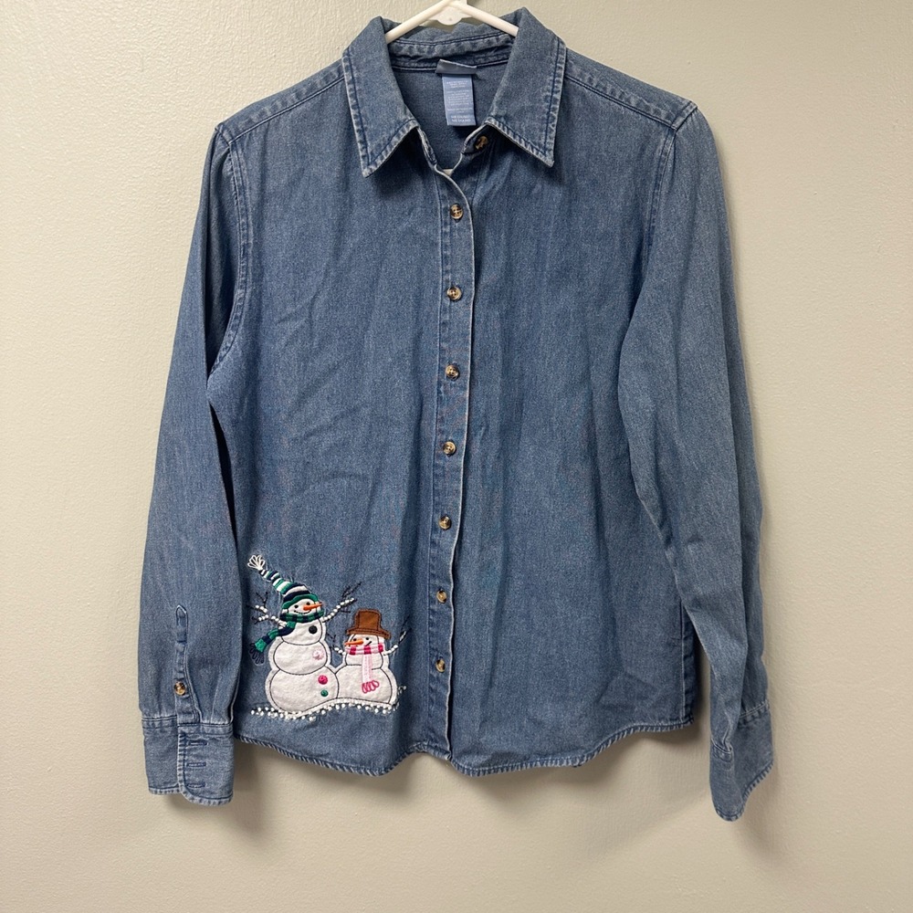 Holiday‎ Editions Snowman Embroidered Denim Button Down Shirt Womens Medium Blue